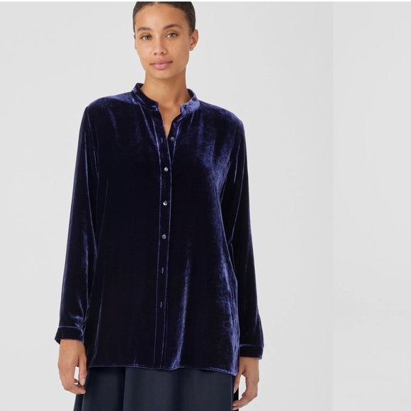 Eileen Fisher Mandarin Collar Velvet Tunic Button Shirt Sz M Navy Holiday Party - Picture 1 of 15
